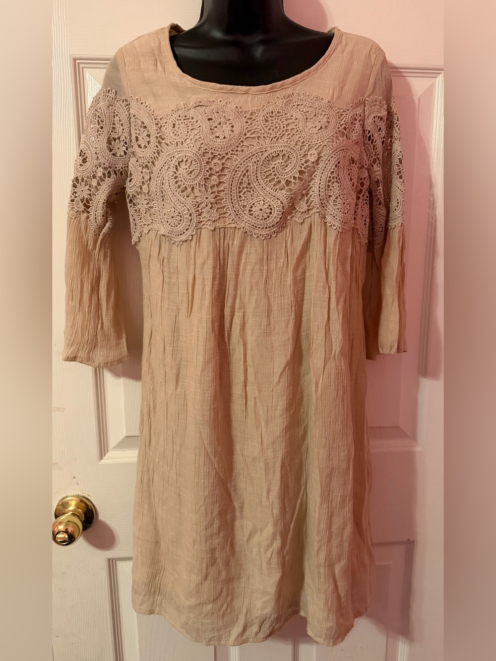 Indigo Rose Women’s Cream Crochet Dress Knee Length Boho Cottage Vintage